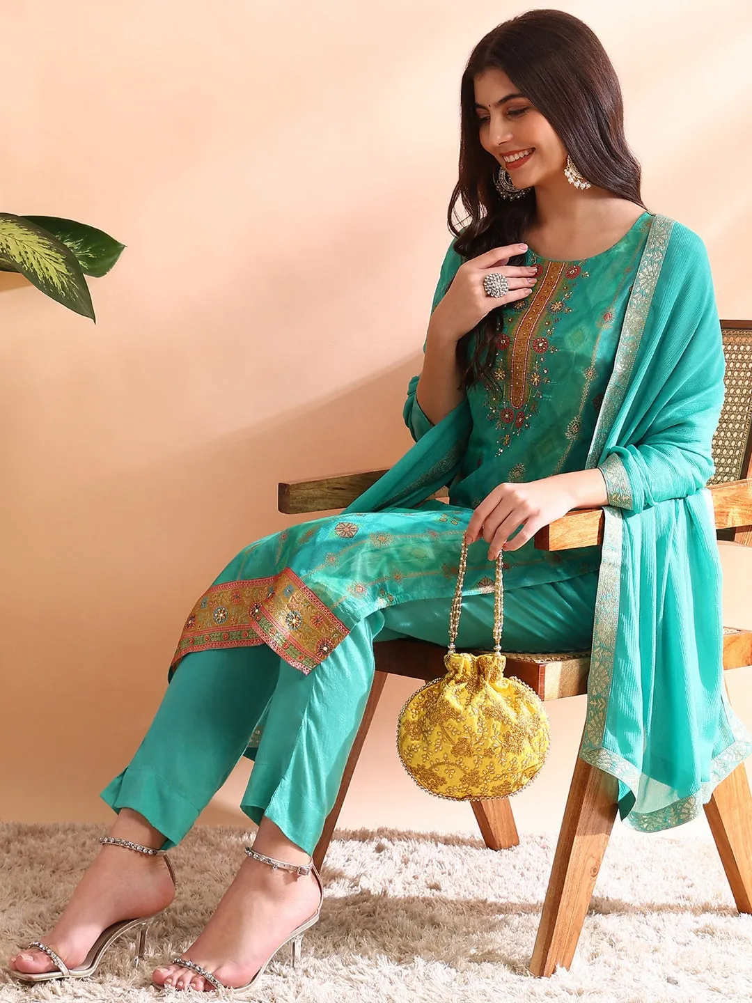 Women Sea Green Silk Blend Ethnic Motifs Woven Design Straight Kurta Trousers With Dupatta