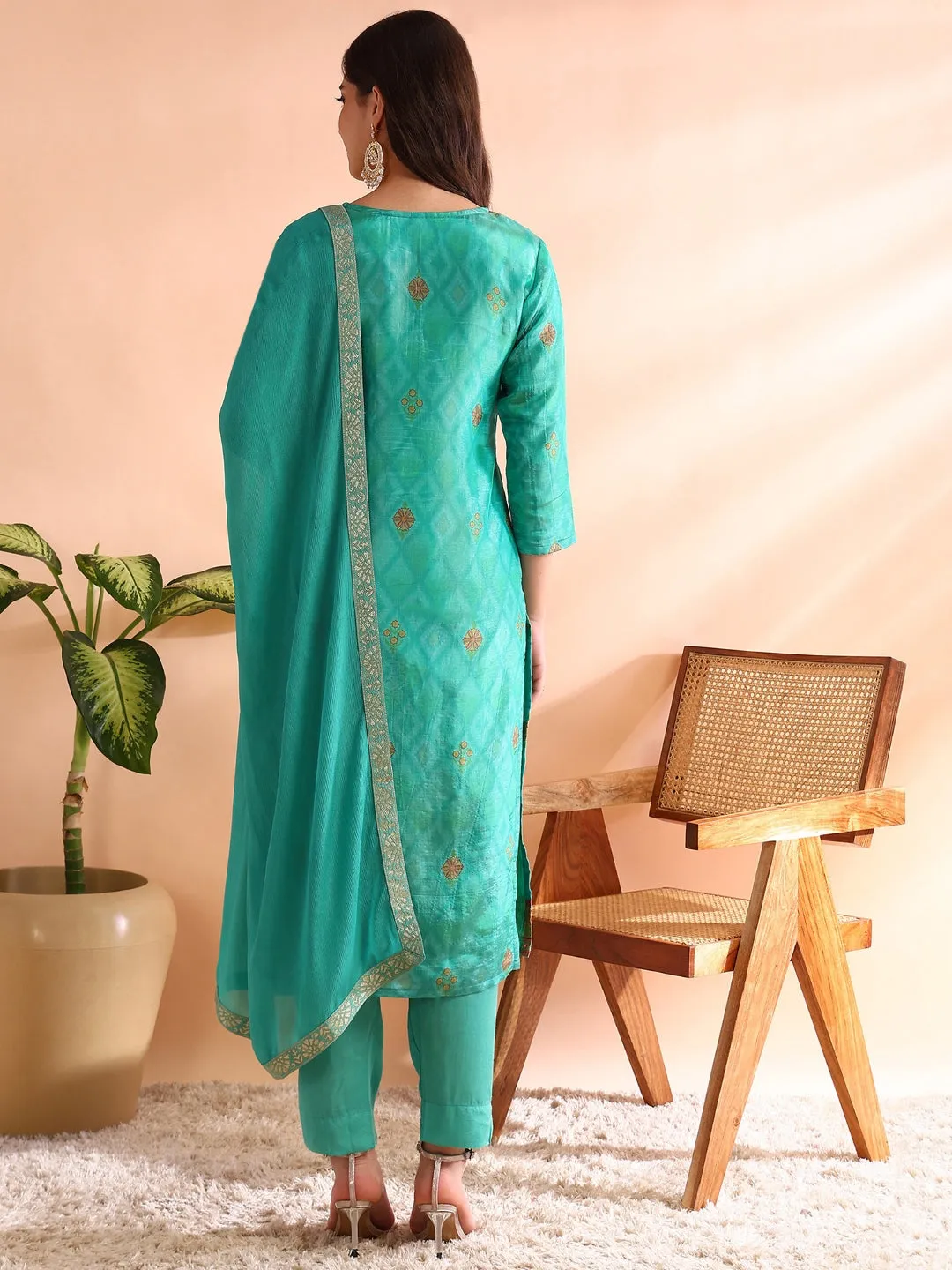 Women Sea Green Silk Blend Ethnic Motifs Woven Design Straight Kurta Trousers With Dupatta