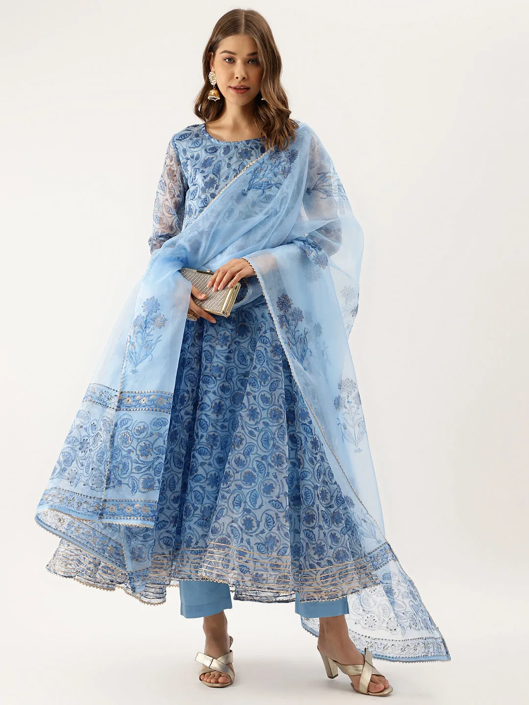 Women Sky Blue Floral Printed Organza Anarkali Kurta Dupatta Set with Cotton Lining