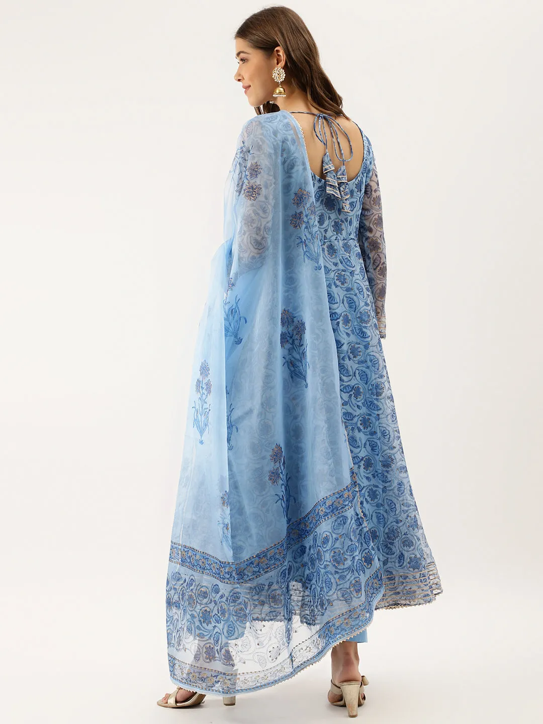 Women Sky Blue Floral Printed Organza Anarkali Kurta Dupatta Set with Cotton Lining