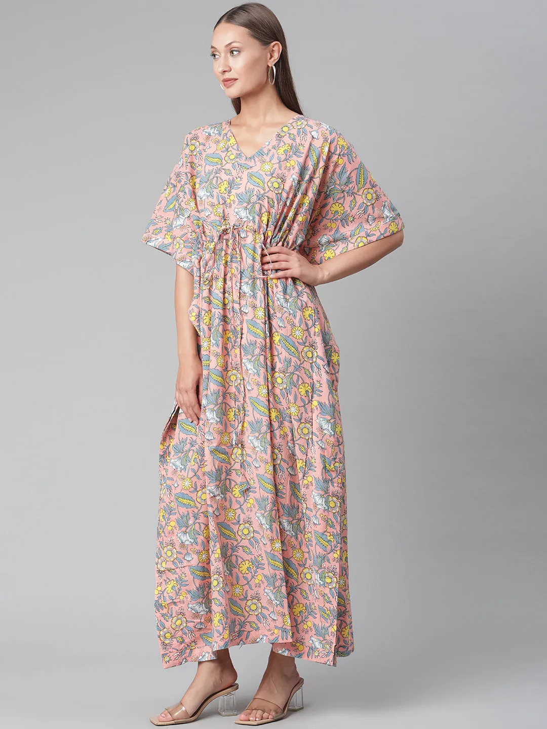 Women'S Pink Floral Cotton Kaftan