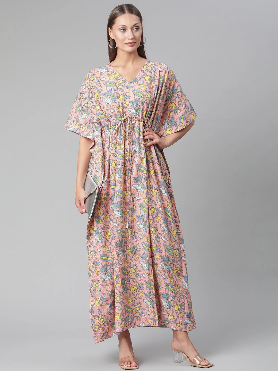 Women'S Pink Floral Cotton Kaftan