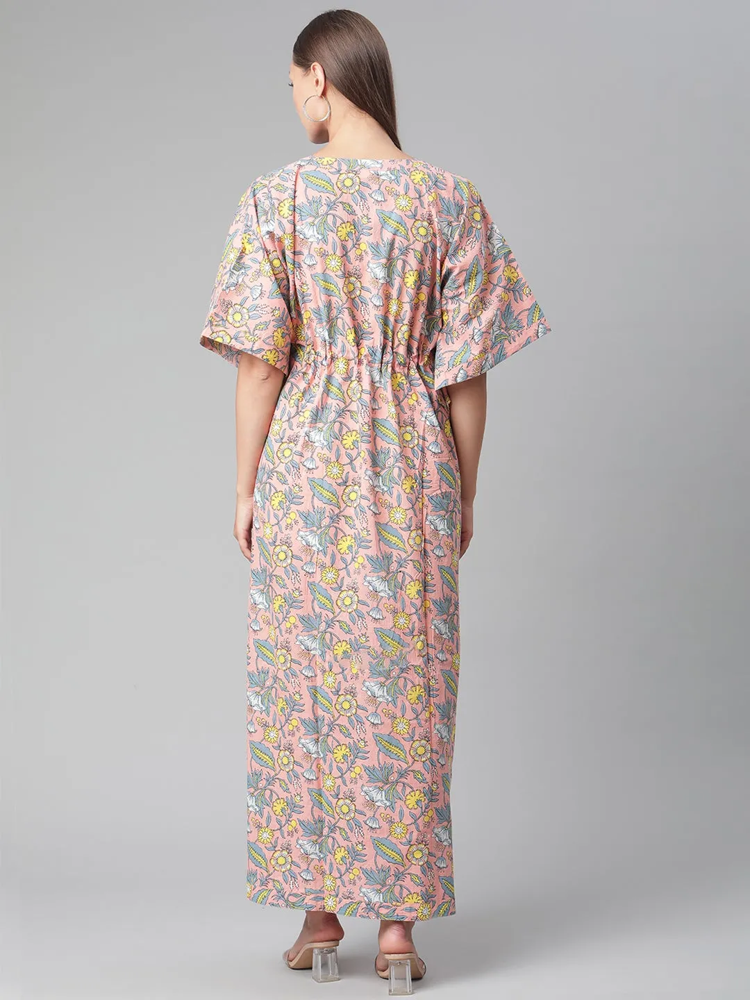 Women'S Pink Floral Cotton Kaftan